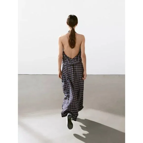 Massimo Dutti Womens Dress EU 38
US 6 Plaid Halter Neck Blue Brown NWT - Picture 2 of 15